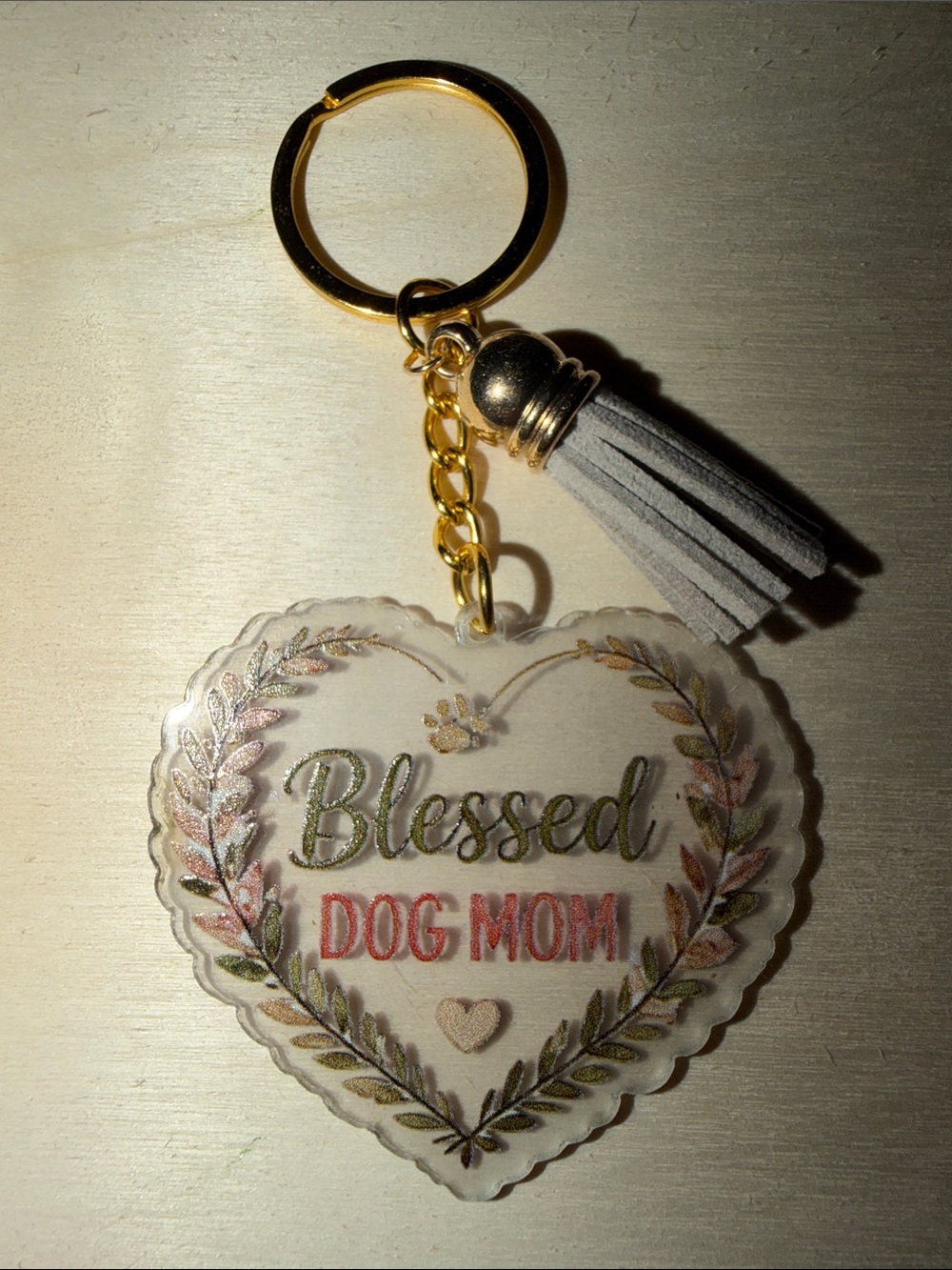 Blessed Dog Mom Heart acrylic Handmade Keychain - Gold & Gray
